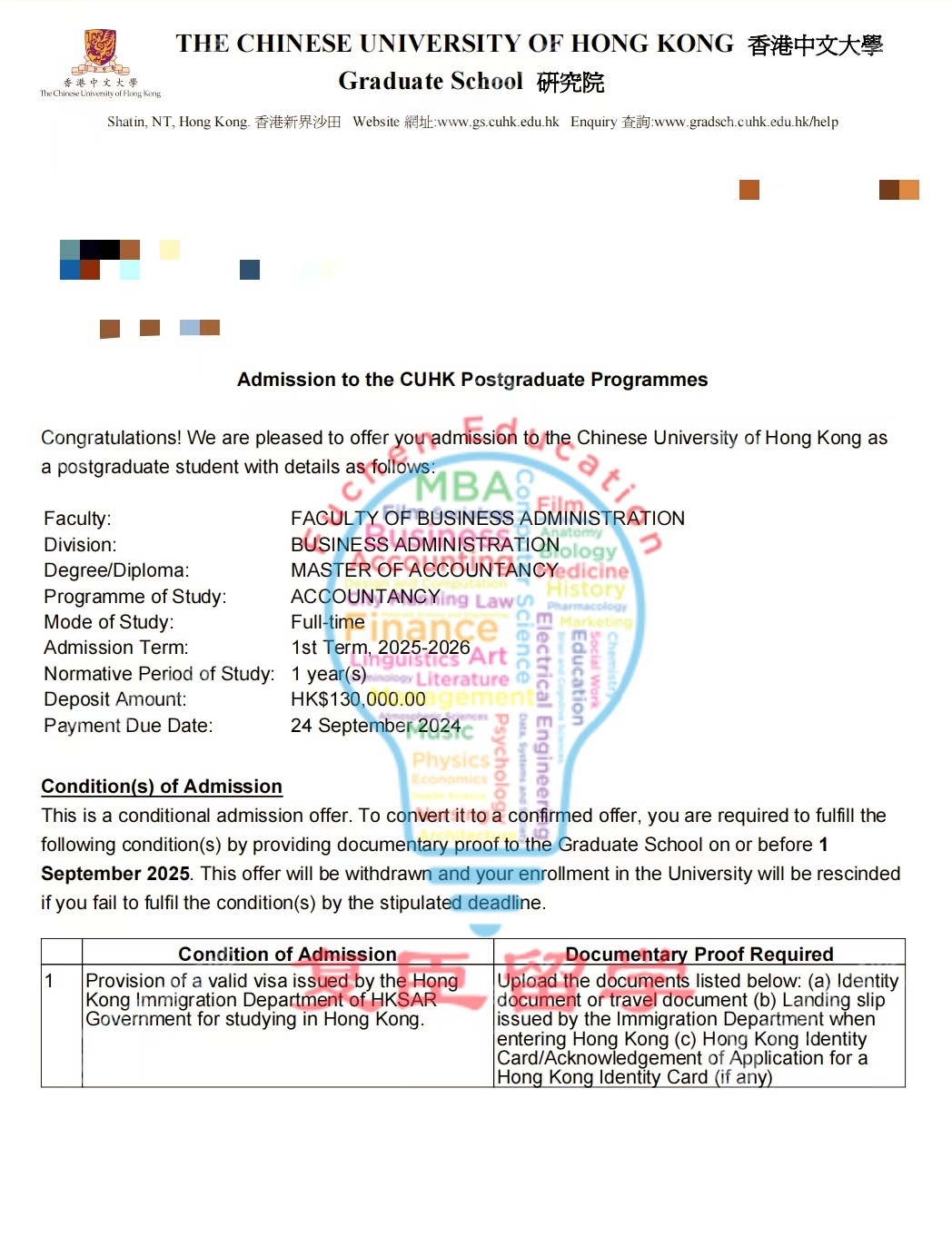 【复臣留学录取捷报】香港中文大学会计硕士offer